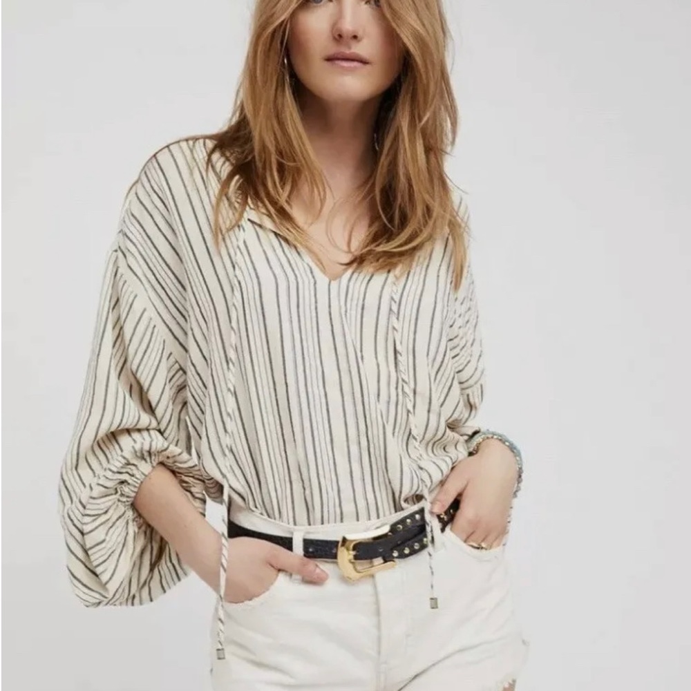 Free People Rhythm of the night striped oversized tunic top w/ tie neck